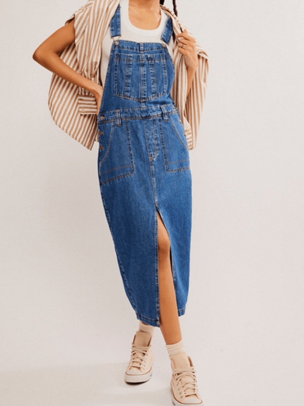 We The Free Bardot Denim Skirtall Dress Sapphire Blue Size Large Overalls EUC